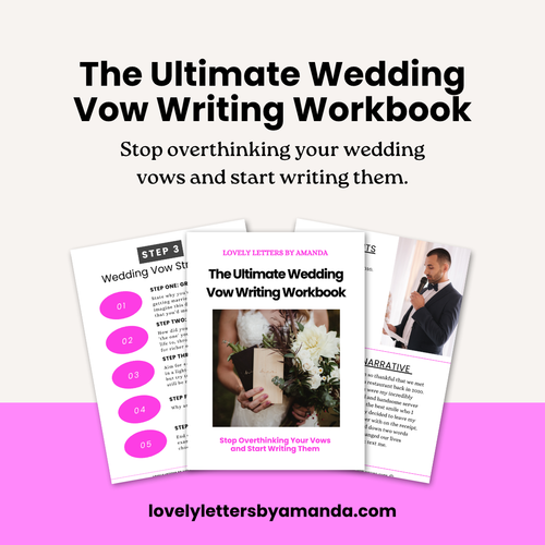 The Ultimate Wedding Vow Writing Workbook with sample pages showing wedding vow structure and writing examples.